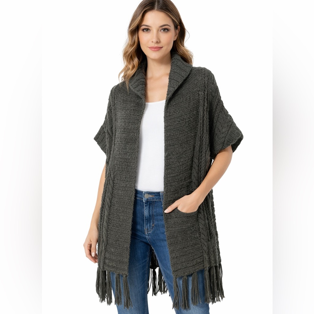 Abercrombie & Fitch Wool Blend Fringe  Chunky Cardigan Sweater M/L Gray